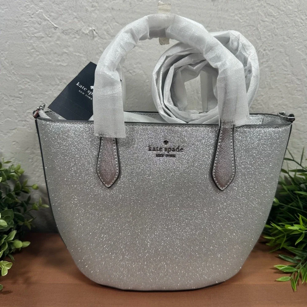 Kate Spade Glimmer Lunar Light Silver Glitter Mixed Medium Satchel Bag